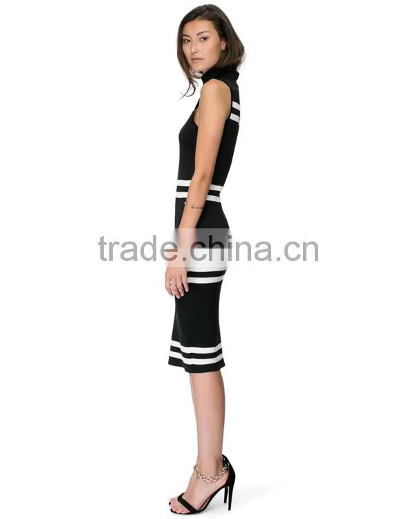 2015 black and white stripes midi dress ribbed neck line fashion woman dress