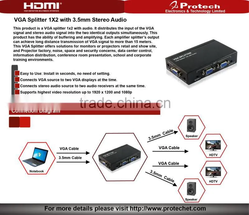 500MHZ 1X2 VGA Splitter Support VGA, XGA, SVGA, UXGA video signal