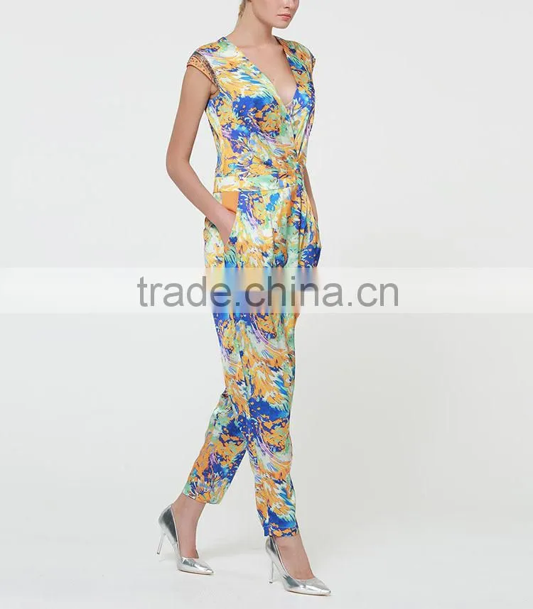 Wholesale fantasy print capri woman sleeveless long jumpsuits for summer