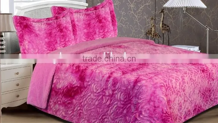 very warm and soft rose design PV plush throw blanket & bedding set