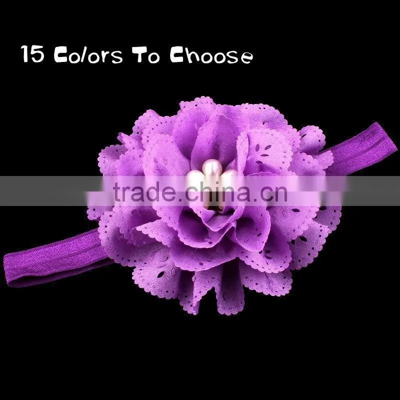 handmade fabric flower headband with pearl center for kids hair accessories