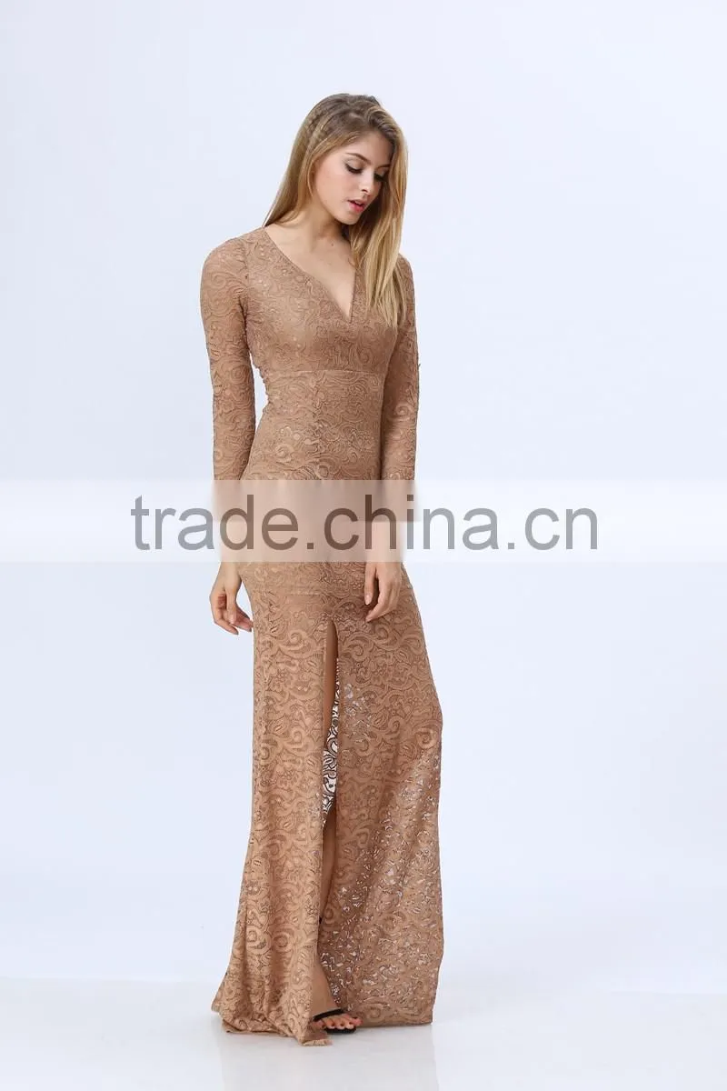 Sexy women v-neck cutout back side split slim lace maxi dress wholesale