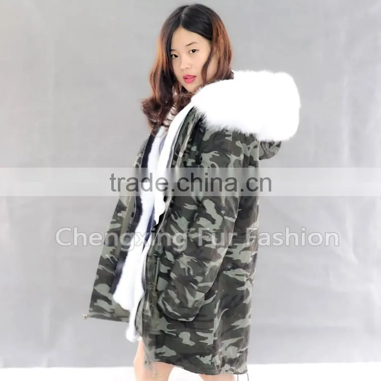 CX-G-P-08D 2016 Hot Sale Wholesale Winter Coat Real Rabbit Fur Lining Fox Fur Collar Parka For Women
