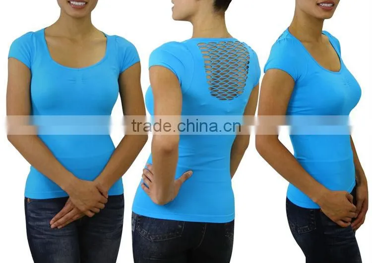 Black plain lady t shirts skin tight womens short sleeve t shirt