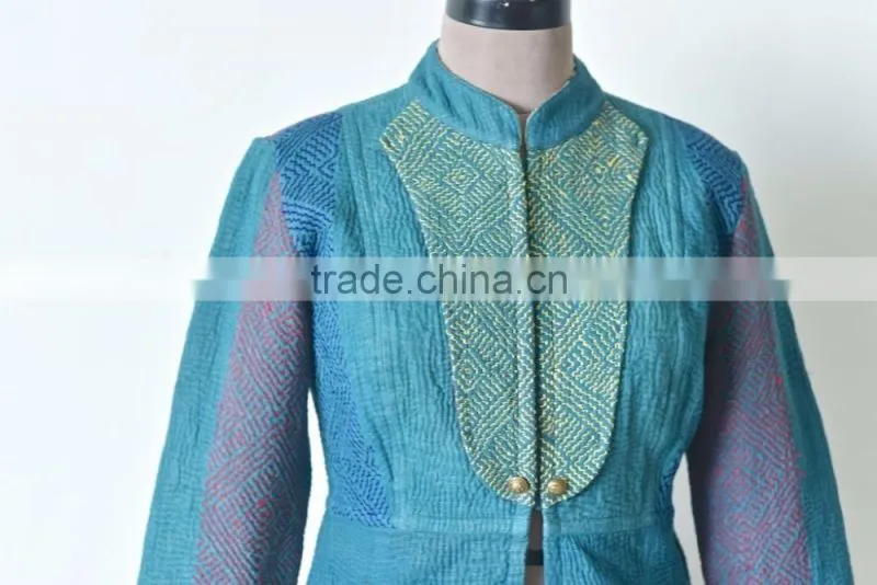 Vintage Kantha Jacket in Viridian green with Embroidery ~ Extra Large
