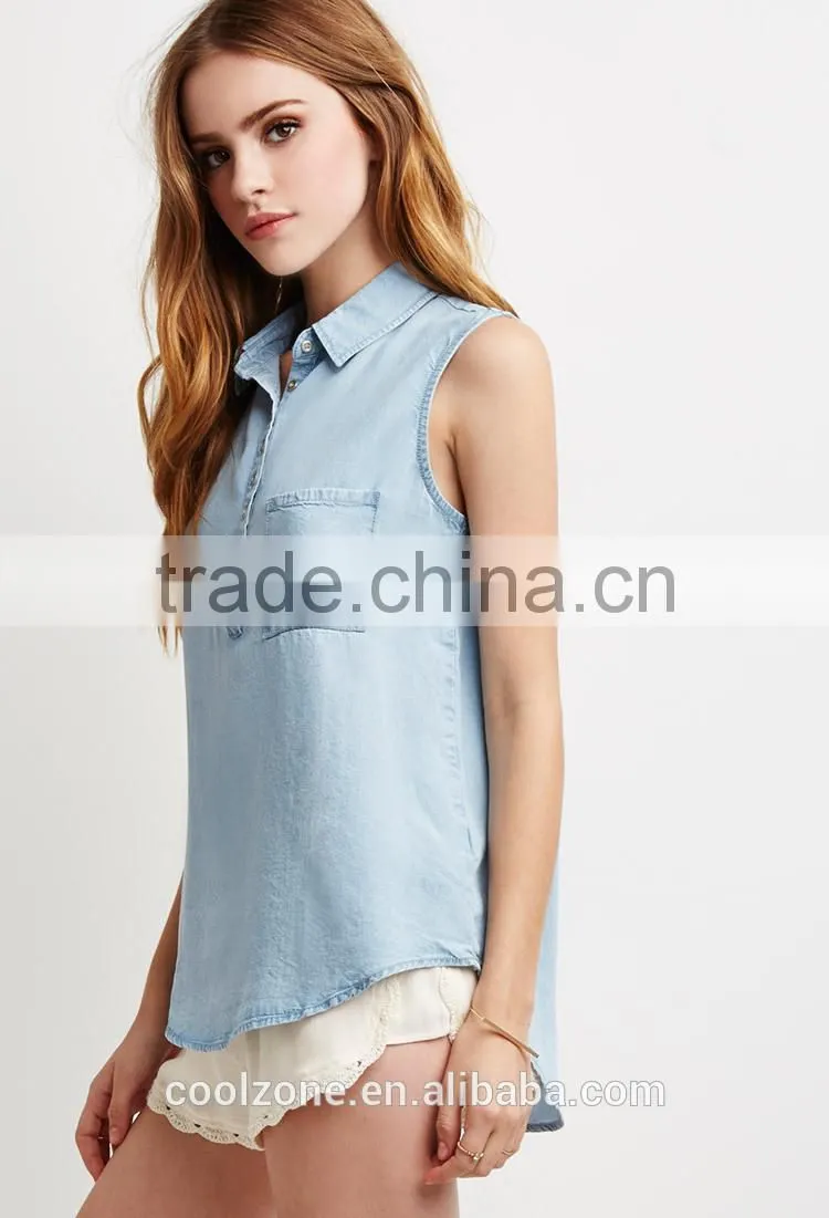 Fashion sleeveless lightweight fabric denim shirt,collared shirt with patch pocket