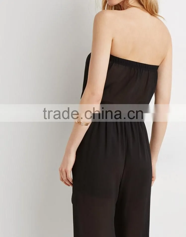 Strapless Chiffon long pants Jumpsuit with self-tie sash belt