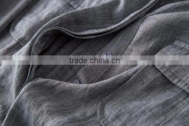 High quality Womens Long sleeveCotton and linen plain gray casual blouse