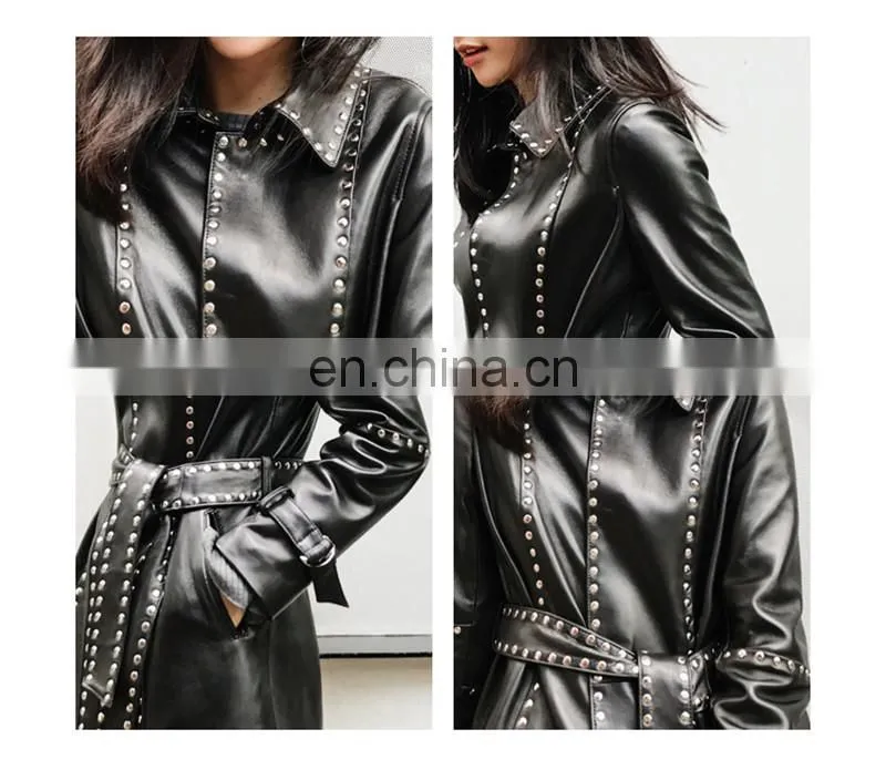Women Fashion Long Black Rivet Real Leather Coat Leather Trench Coat