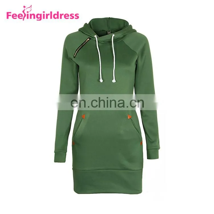 Fashion Plain Long Sleeve Slit Pullover Hoodie Women Winter Dress