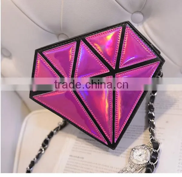 Popular diamond shaped evening bag shining pu chain bag