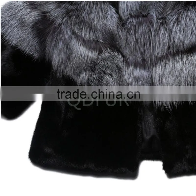 QD30970 Women Winter Real Silver Fox Fur Match Mink Fur Jacket Cross Grain Silver Fox Fur Jacket