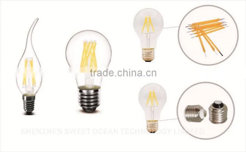 Factory wholesale 4w 6w E27/E26/B22 led filament candle e14 for decoration chandelier