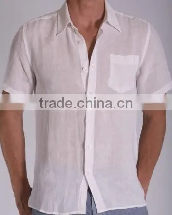 Mens white linen short sleeve linen shirts two pockets casual shirt