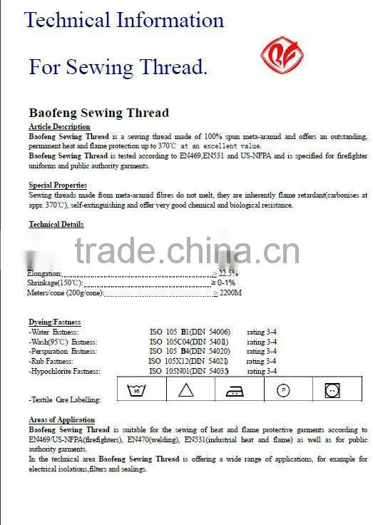 100% M-aramid Sewing Thread Ne203/Tex90