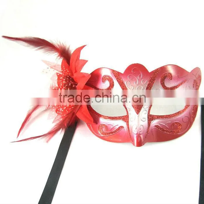 Red Plastic Masquerade Mask With FLower