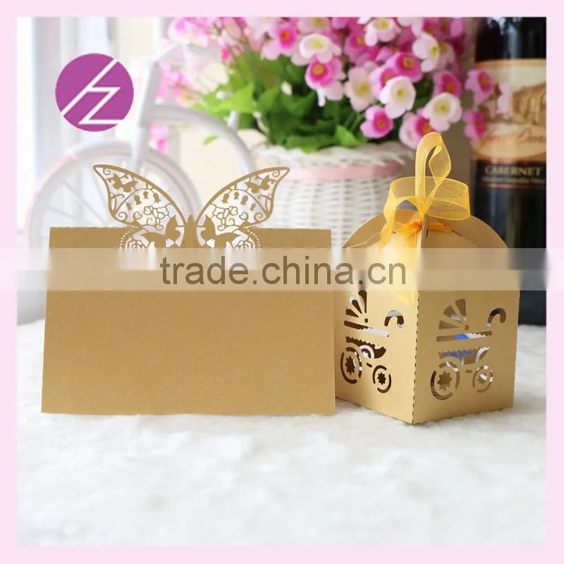 Hot sale laser cut customizable style beautiful butterfly wedding seat card Elephant /Baby carriage wedding favor candy box