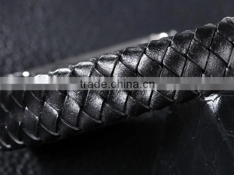 Latest Design Wide Braided Leather Bracelet Men Black Genuine Leather Bangle 316L Stainless Steel Magnetic Clasp