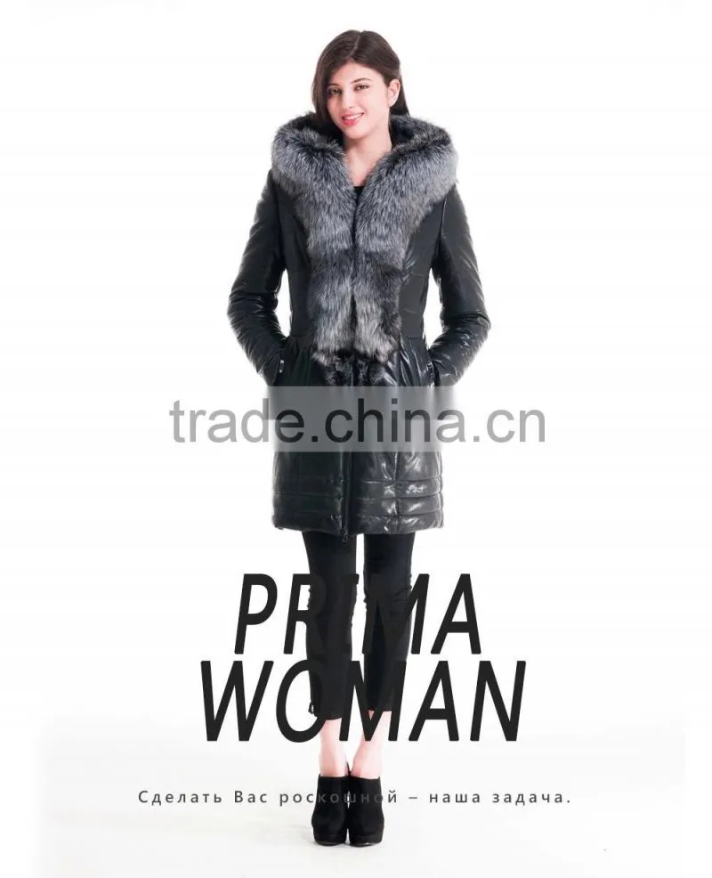 2015 Winter Medium Length Women Leather Jacket With Brown Fox Hat Overcoat
