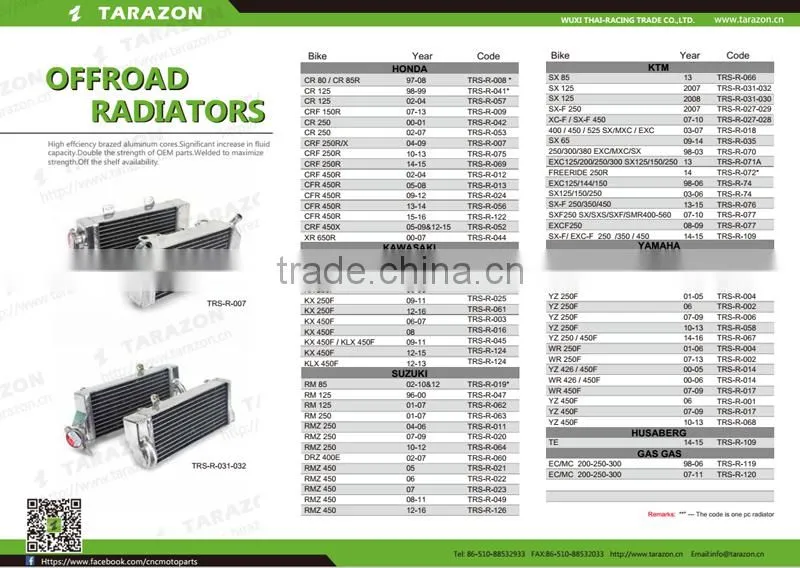 High performance brazd aluminum cooling parts motorcycle radiators for dirt bike