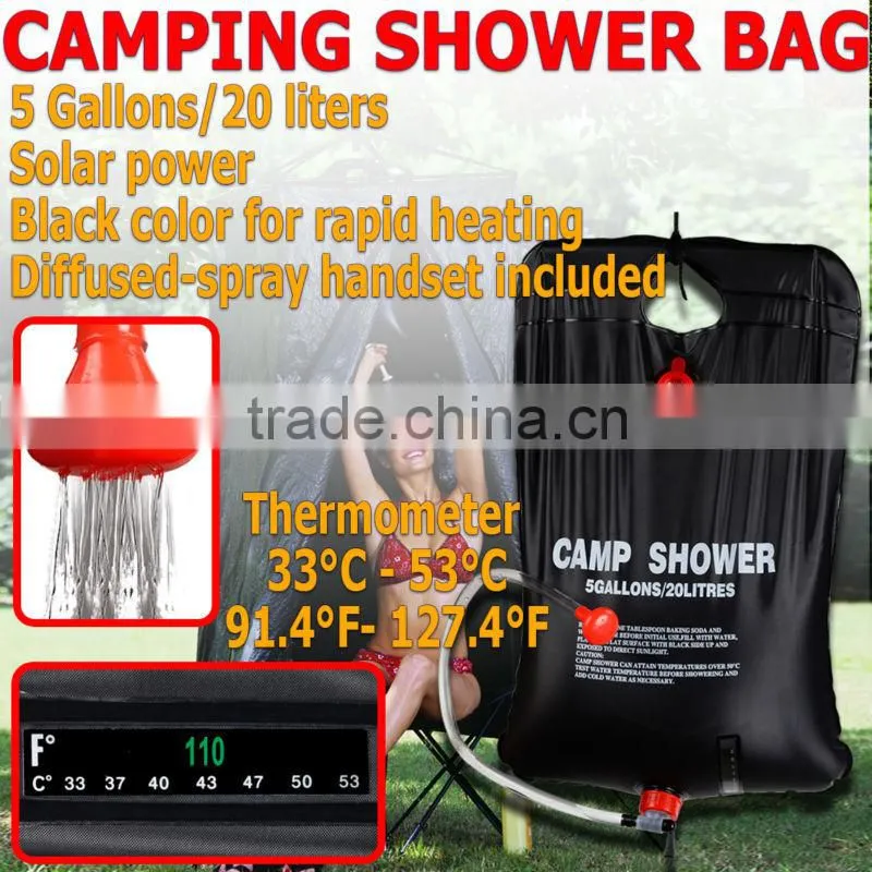 5 Gallons Solar Heating Camping Shower Bag 20L Thermometer 92-128 fahrenheit Hot Water