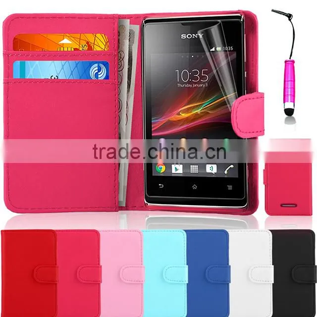 Set Screen Protector Stylus And Case For Sony Xperia E Dual C1605 , Leather Wallet White Phone Case
