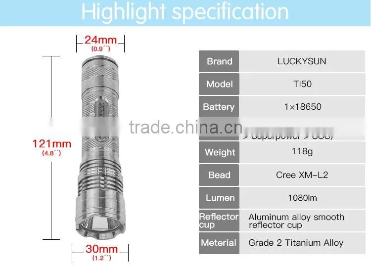 Top Quality Customized recharge portable XML L2 edc Titanium Alloy LED watt flashlight