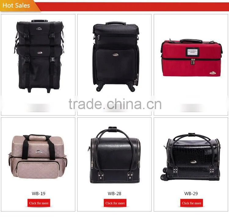 High quality professional artist nylon wheeled trolley cosmetic organizer with small clear makeup brush bag with zipper