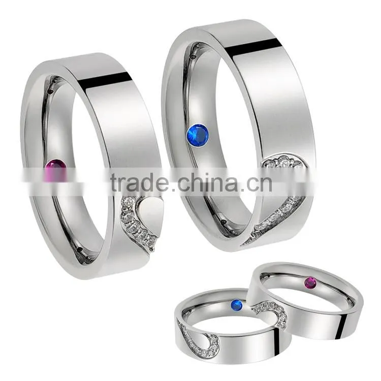 A pair Stainless Steel Couple Rings Ture Love Heart Wedding CZ Band Promise Love