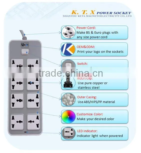8 Way Multiple Universal Power Extension Socket With Switch
