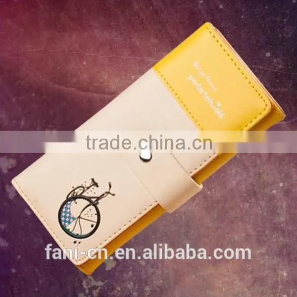 2015 hot selling handmade leather wallets with bicycle printing design for woman