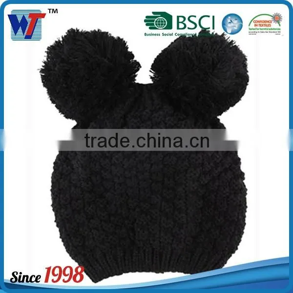 Winter lovely ear funny knitted hat beanie with 2 black pom pom