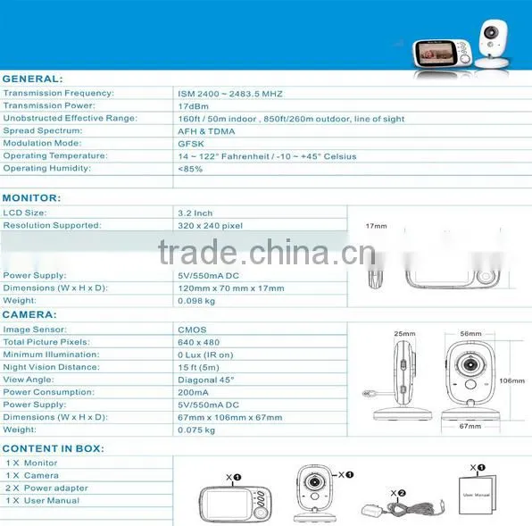 VB603 Baby Monitoring 3.2 Inch 2.4g Infant Babies Monitor Wireless Baby Caretakers Two-Ways Intercom Infrared Night Vision