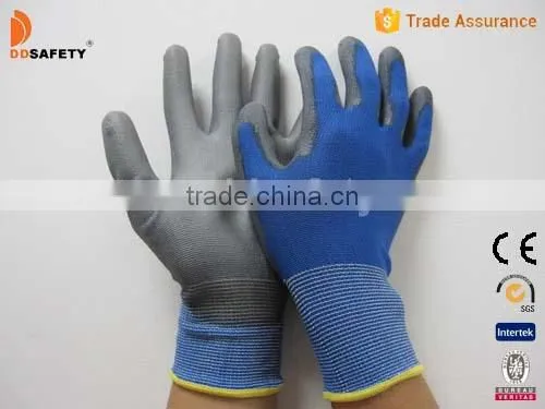 Hot Sale 2016 Work Glove Grey PU Coated Blue Nylon Safety Gloves