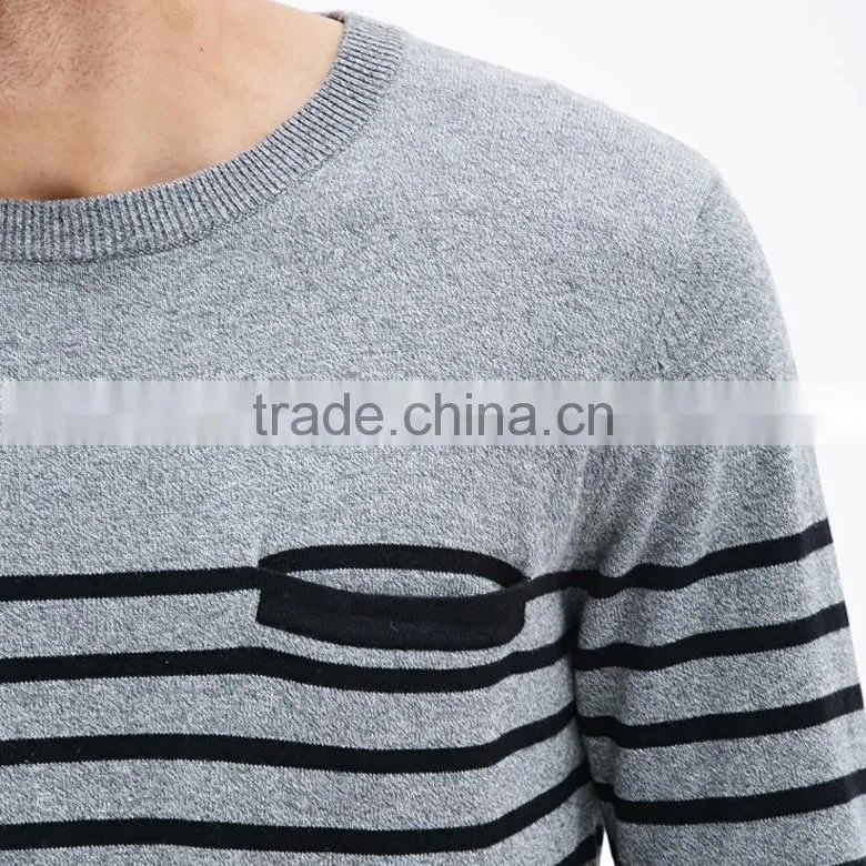 navy stripes crew neck cotton long sleeve men pullover sweater with chest pocket