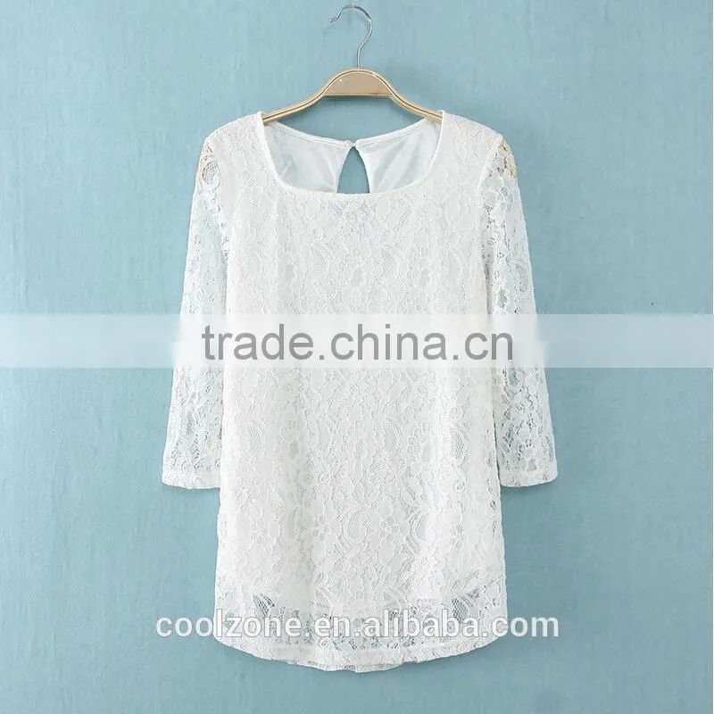 Elegant white basic woman blouse fashion sheer crochet lace blouse 2015