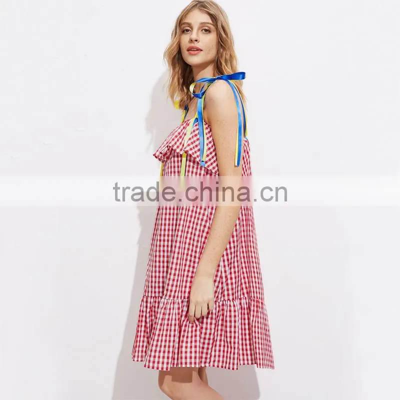 Cute ruffled hem self tie dress, ladies red cotton sleeveless dress
