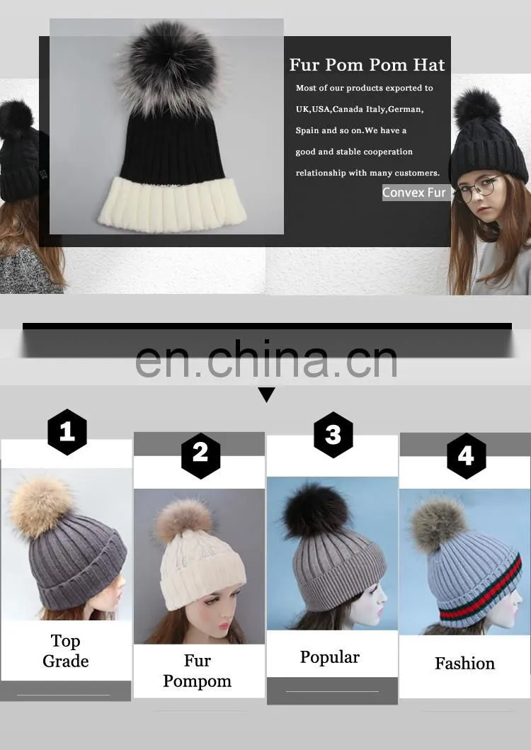 Women raccoon fur poms hat with large poms wholesale china knitting fur poms hat