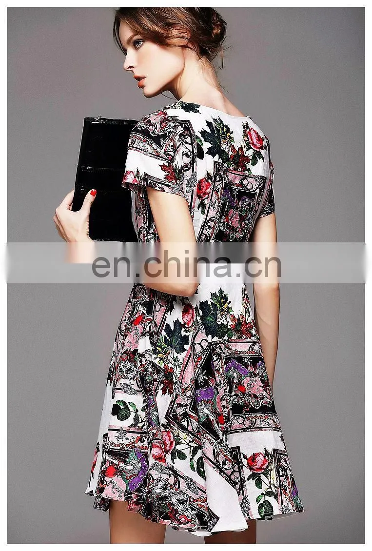 High quality short sleeve rayon cute print dress for 2016 summer