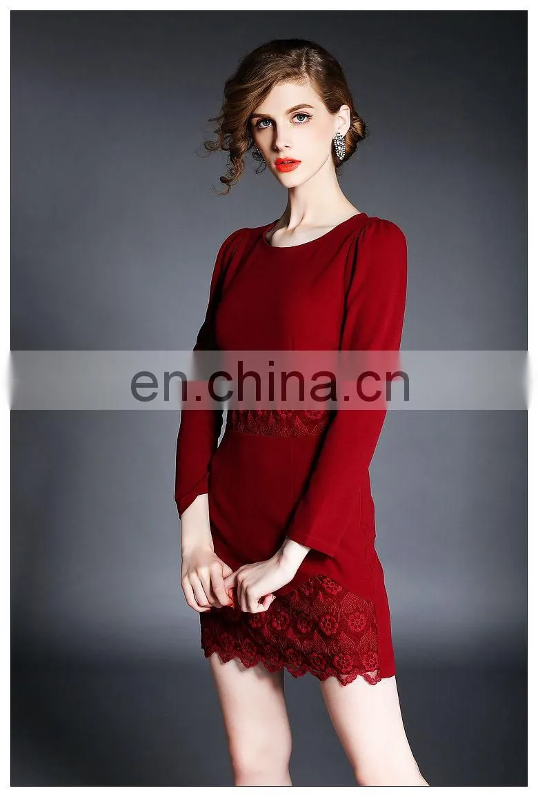 High quality ladies Maroon dress with lace trim, long sleeve fashion Autumn dress