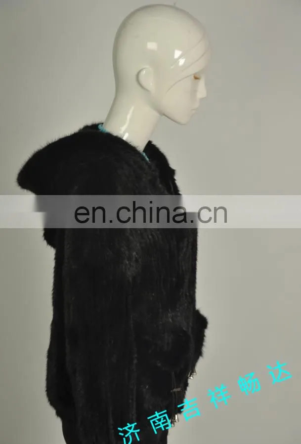 Knitted mink fur coat with hood North American Canada style Bomber jacket