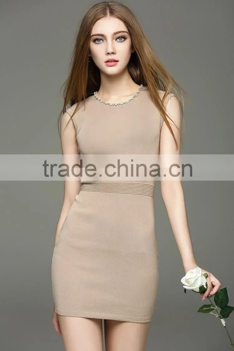 2016 new arrival knit beaded dress slim hip hop sleeveless dress with modern beading design