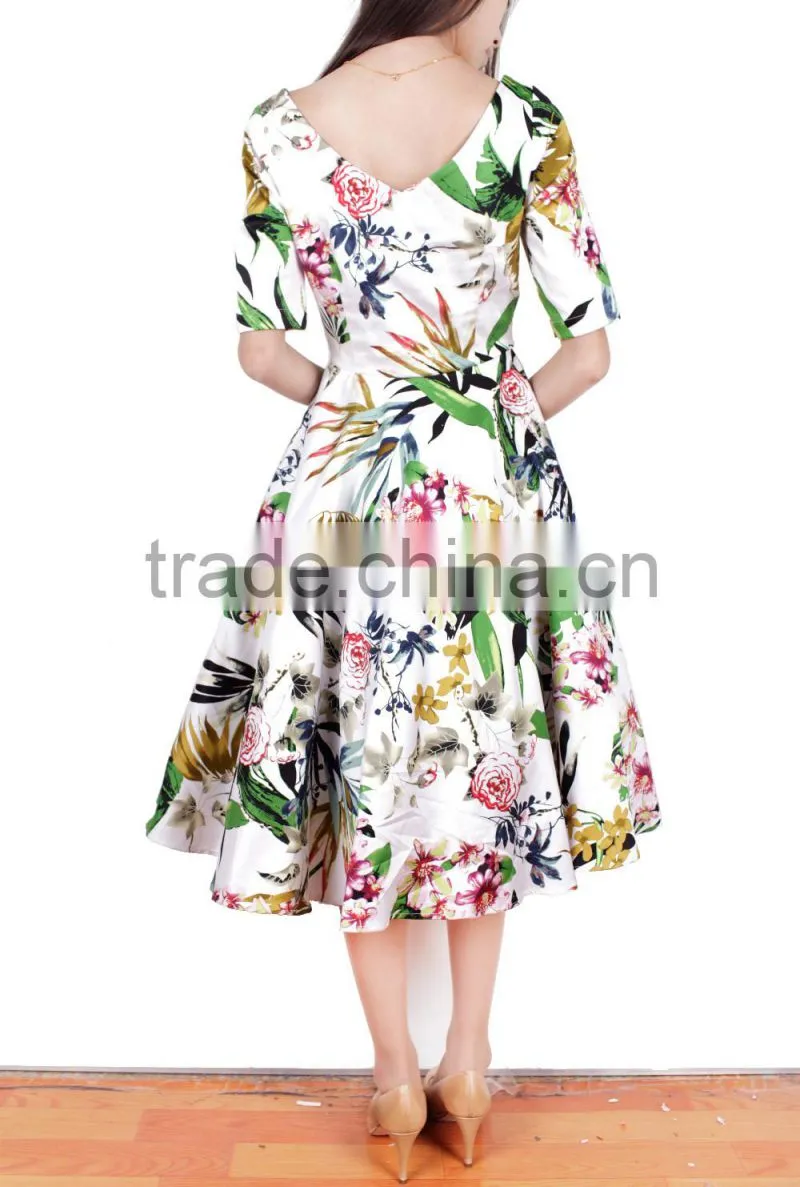 new midi half sleeve boat neckline peony printed cotton flared vintage dress 50s