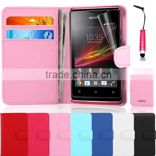 Set Screen Protector Stylus And Case For Sony Xperia E Dual C1605 , Leather Wallet White Phone Case