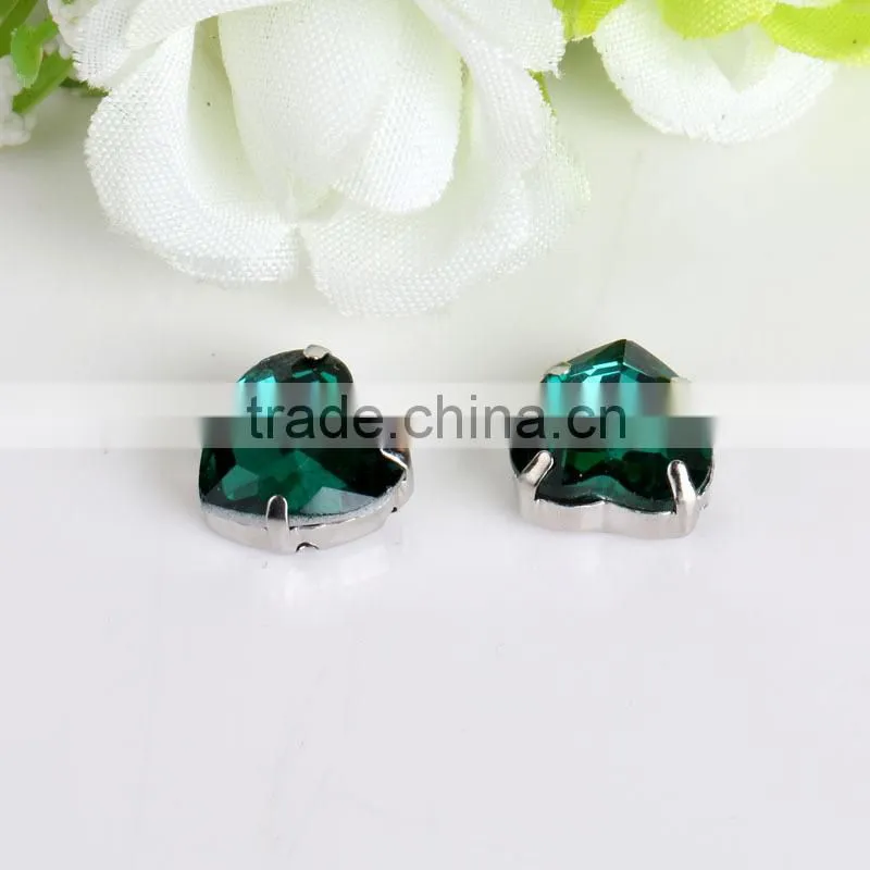 Best selling 14mm blue zircon color heart shape pointback sew on stone with base setting