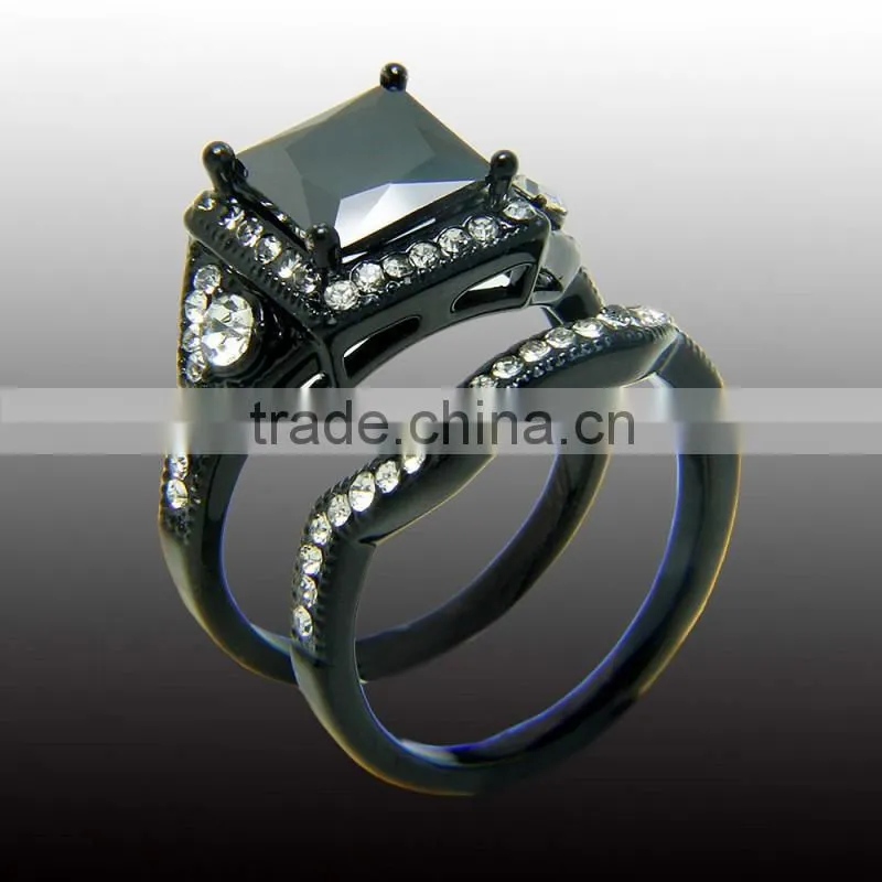 European Ring Design Three Stone Ring Black Zircon Adjustable Combination Double Rings For Unisex