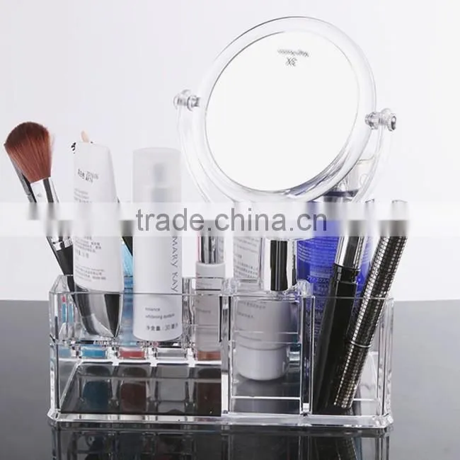 Lucite cosmetic storage acrylic organizer with two-sided mirror