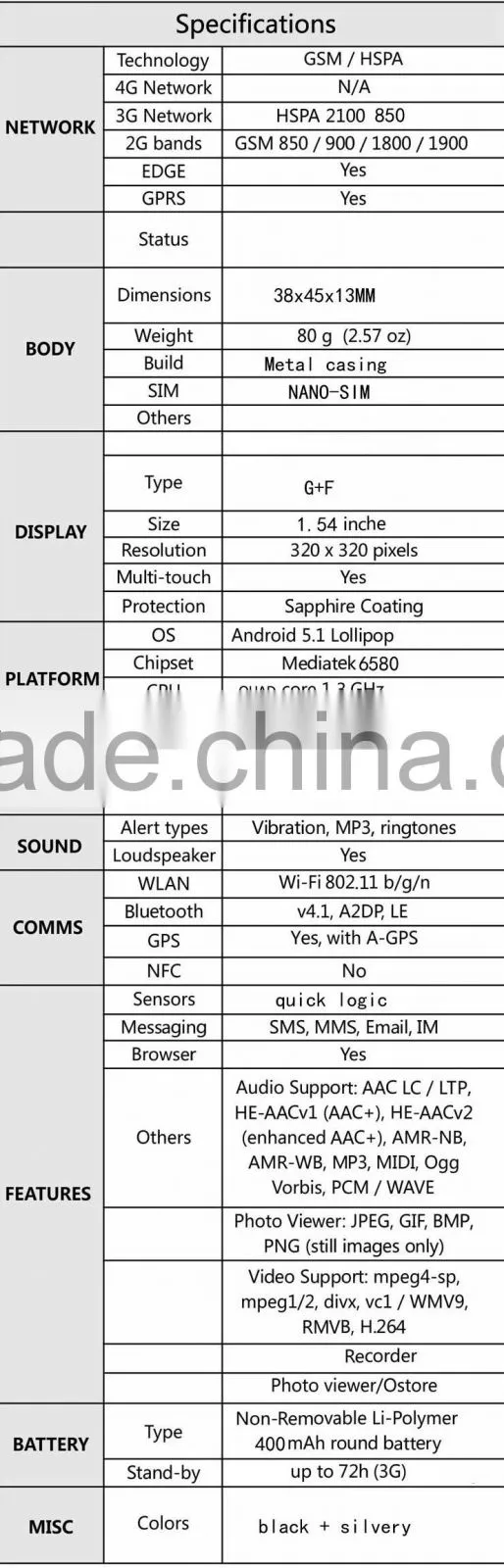 Newest Android 5.1 3G WCDMA 850/2100Mhz 3.0MP HD camera smartphone calling watch with GPS