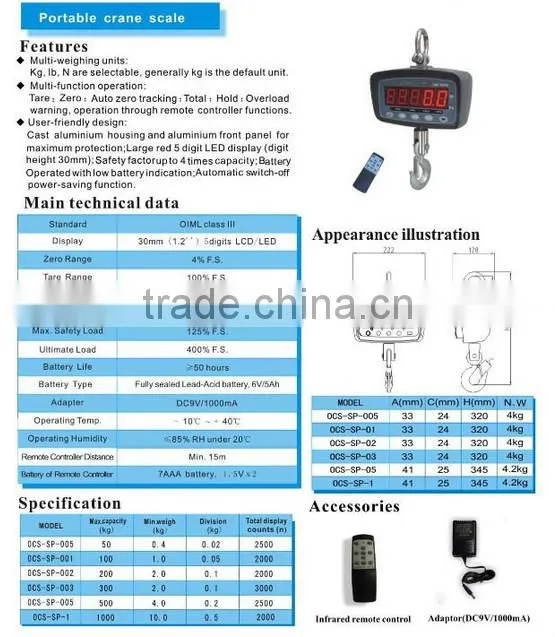 2014 new designed 300kg digital crane scale