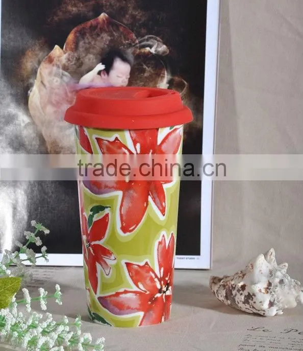 double wall custom porcelain coffee mug with lid, eco ware white porcelain coffee mug